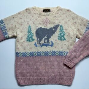 Vintage Eddie Bauer Heavy Chunky Knit Wool Sweater Pastel Bear Large For Repair